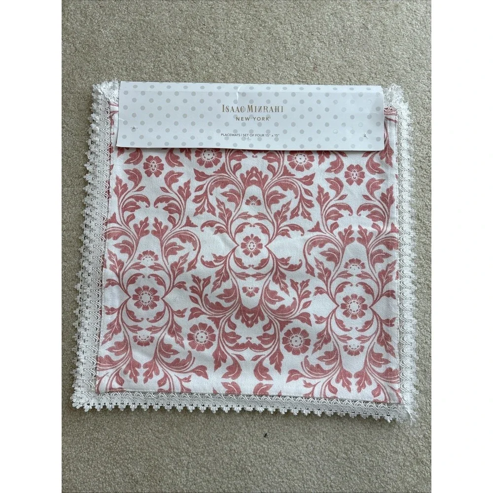 Cotton Placements Set of 12 Pink White Square Isaac Mizrahi Crochet Edge 15 x 15